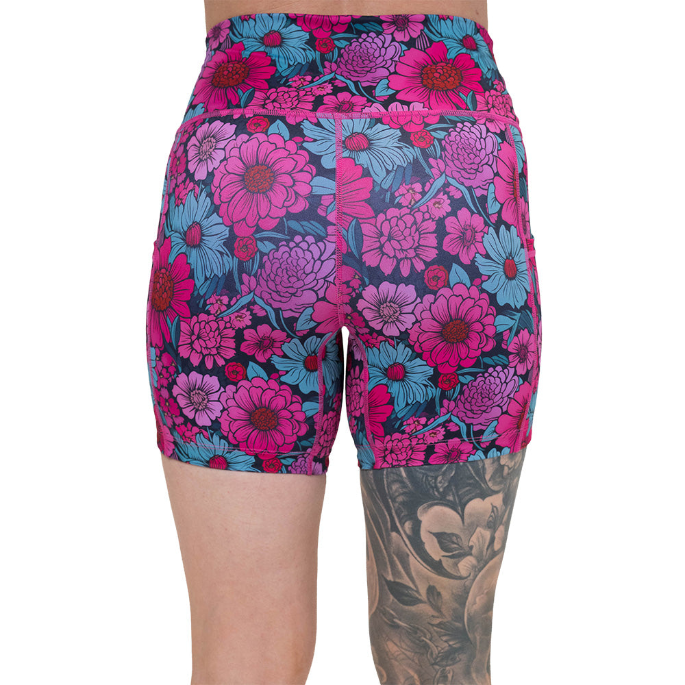 back of the pink and blue floral patterned shorts
