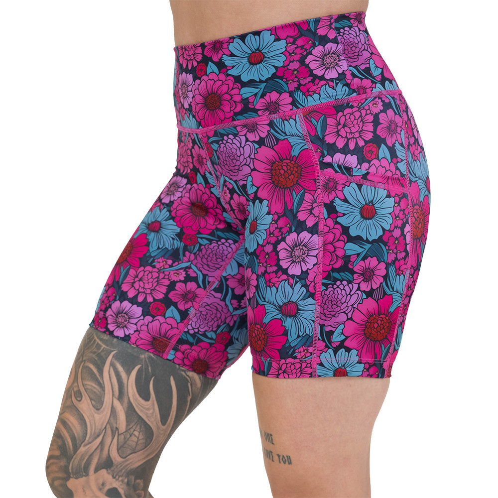 7 inch pink and blue floral patterned shorts