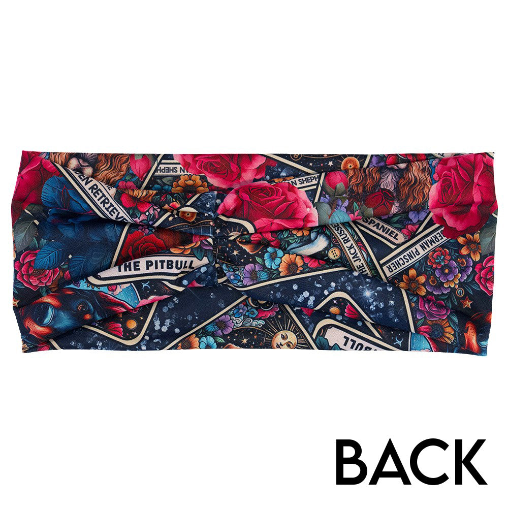 back of the Colorful headband with dog illustration pattern on it