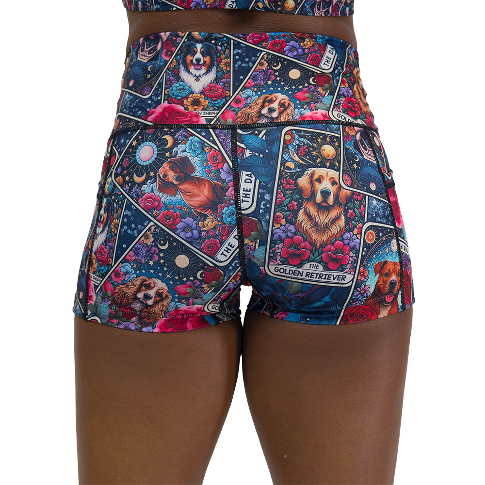 back of the Colorful shorts with dog illustration pattern on it