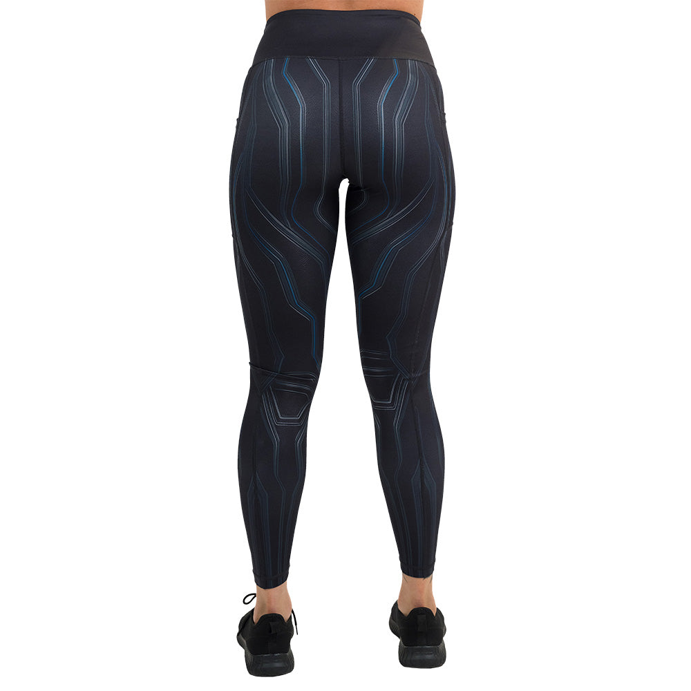 back of the black leggings with a blue pattern against a white background, full length size is shown