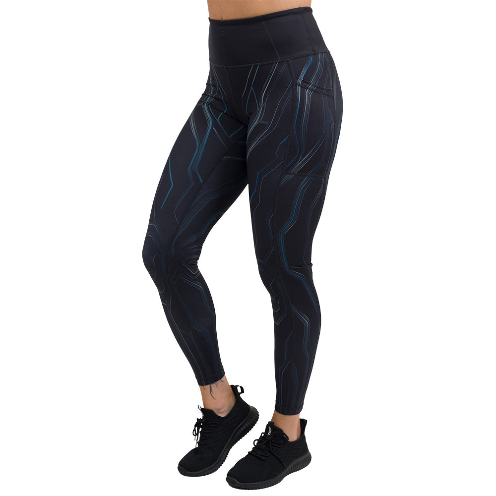 black leggings with a blue pattern facing the front with a white background, full length size shown