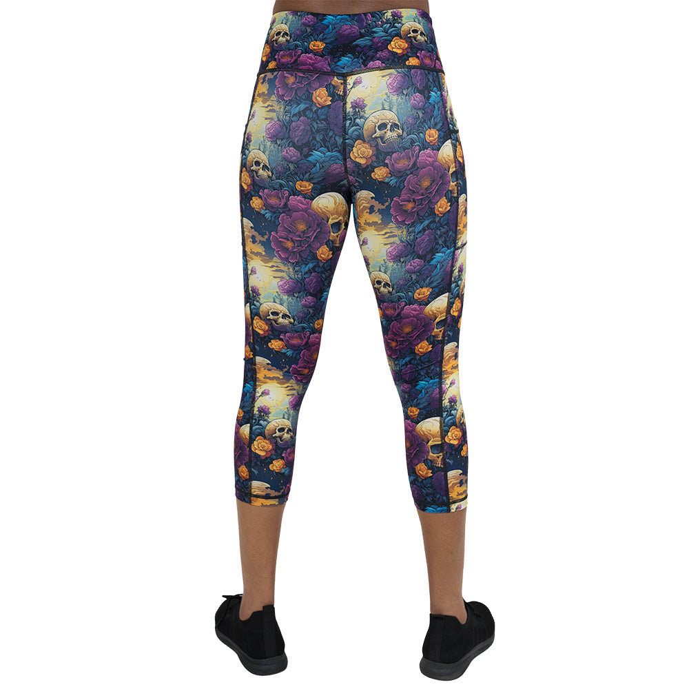 back of the skulls and flowers patterned leggings