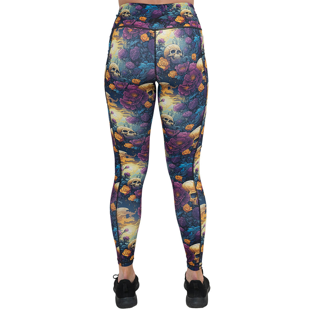 back of the skulls and flowers patterned leggings
