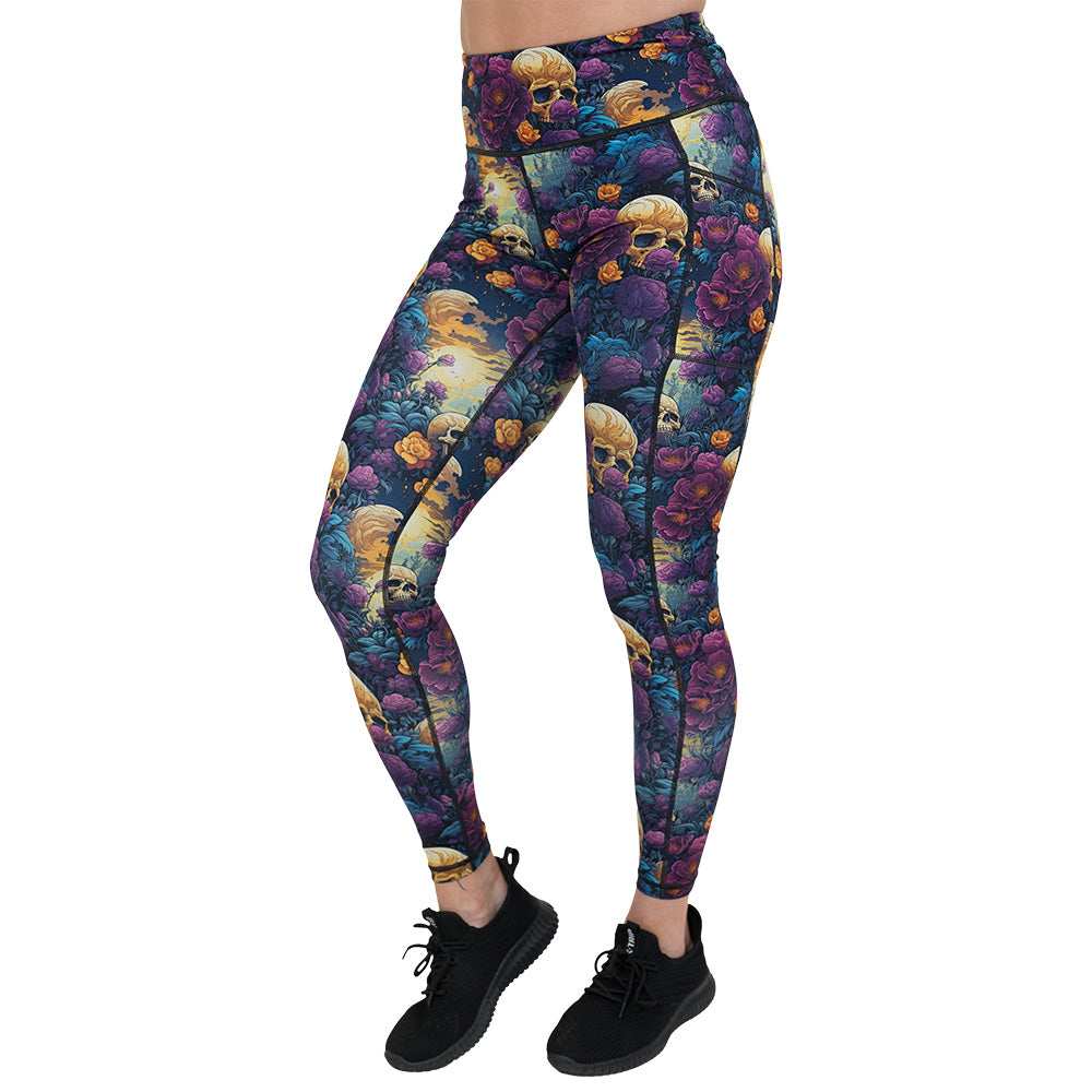 skulls and flowers patterned leggings