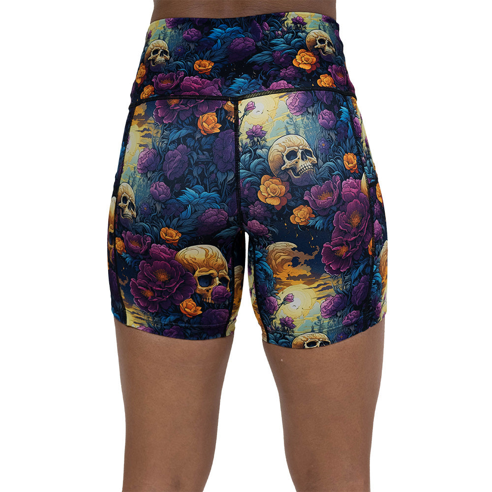 back of the 5 inch skulls and flowers patterned shorts