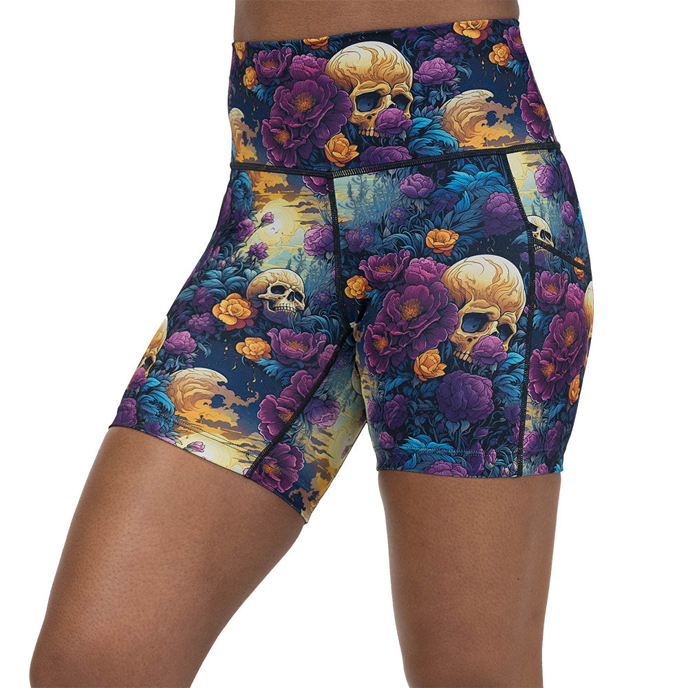 skulls and flowers patterned shorts