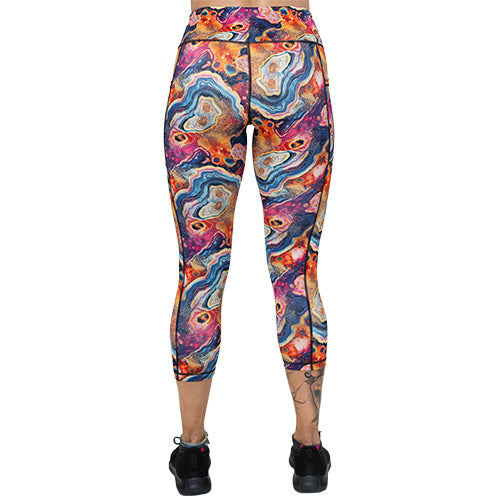 back of capri length colorful marble patterned leggings