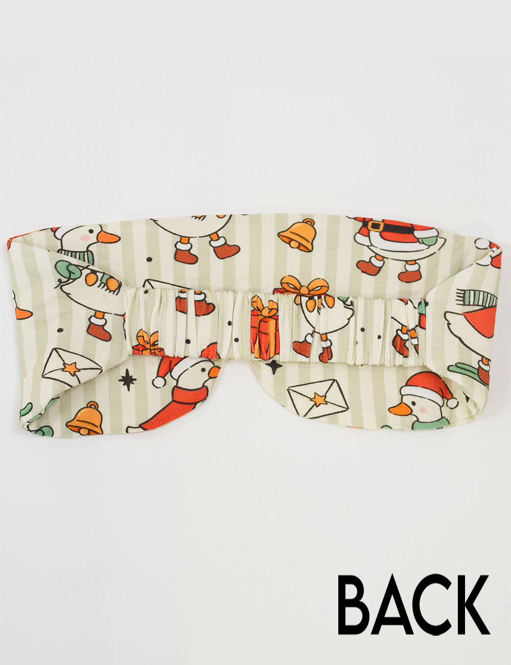 back of the ducks with santa hats surrounded by presents striped eye mask