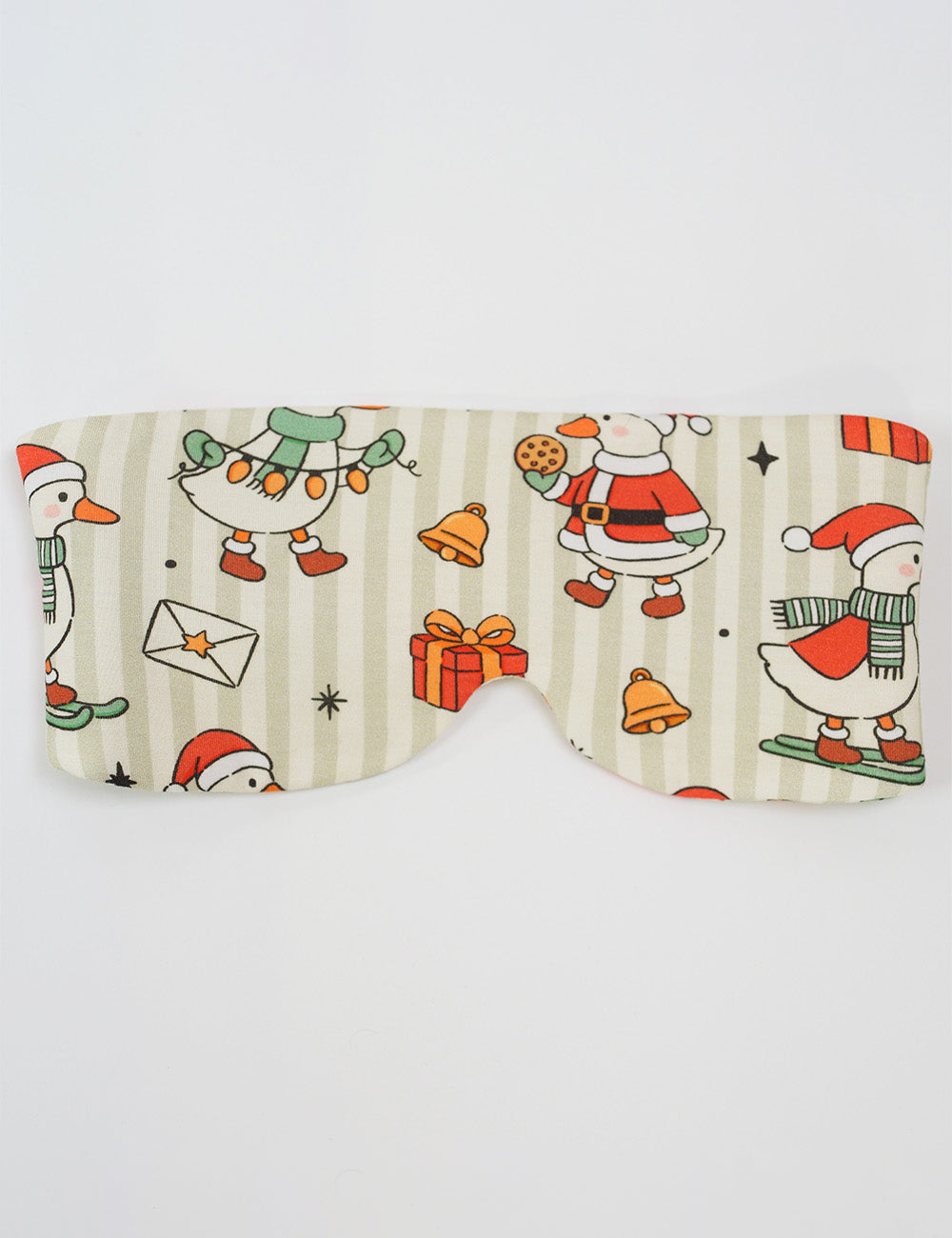 front of the ducks with santa hats surrounded by presents striped eye mask