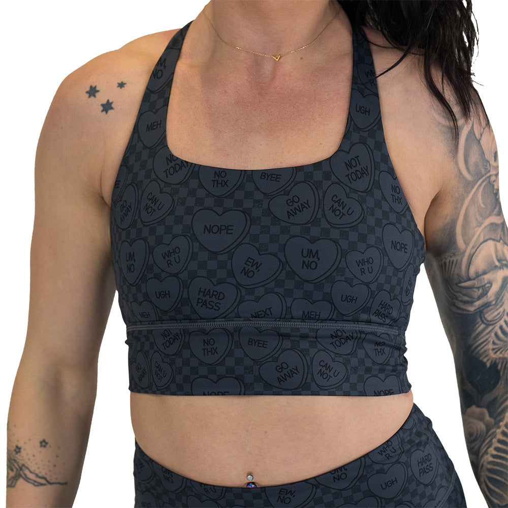 black and grey heart patterned longline sports bra