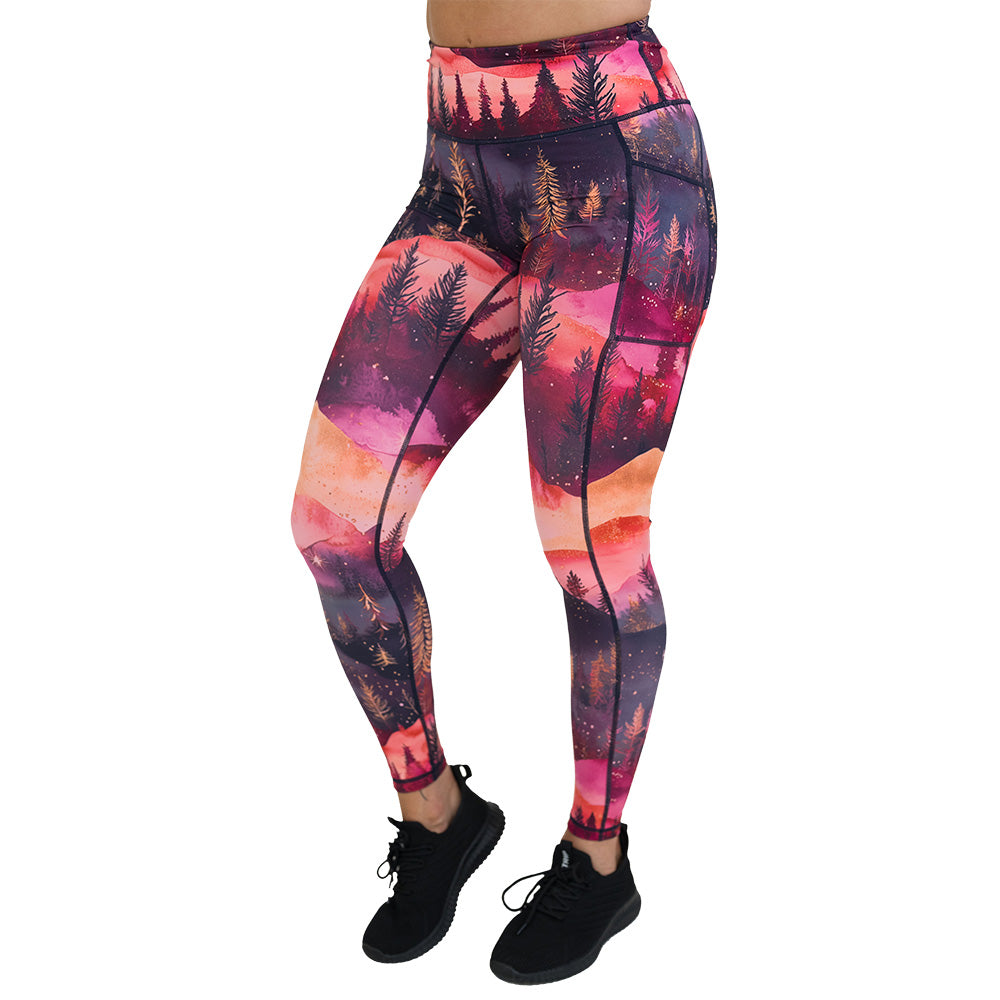 leggings with forest design and red ombre sky