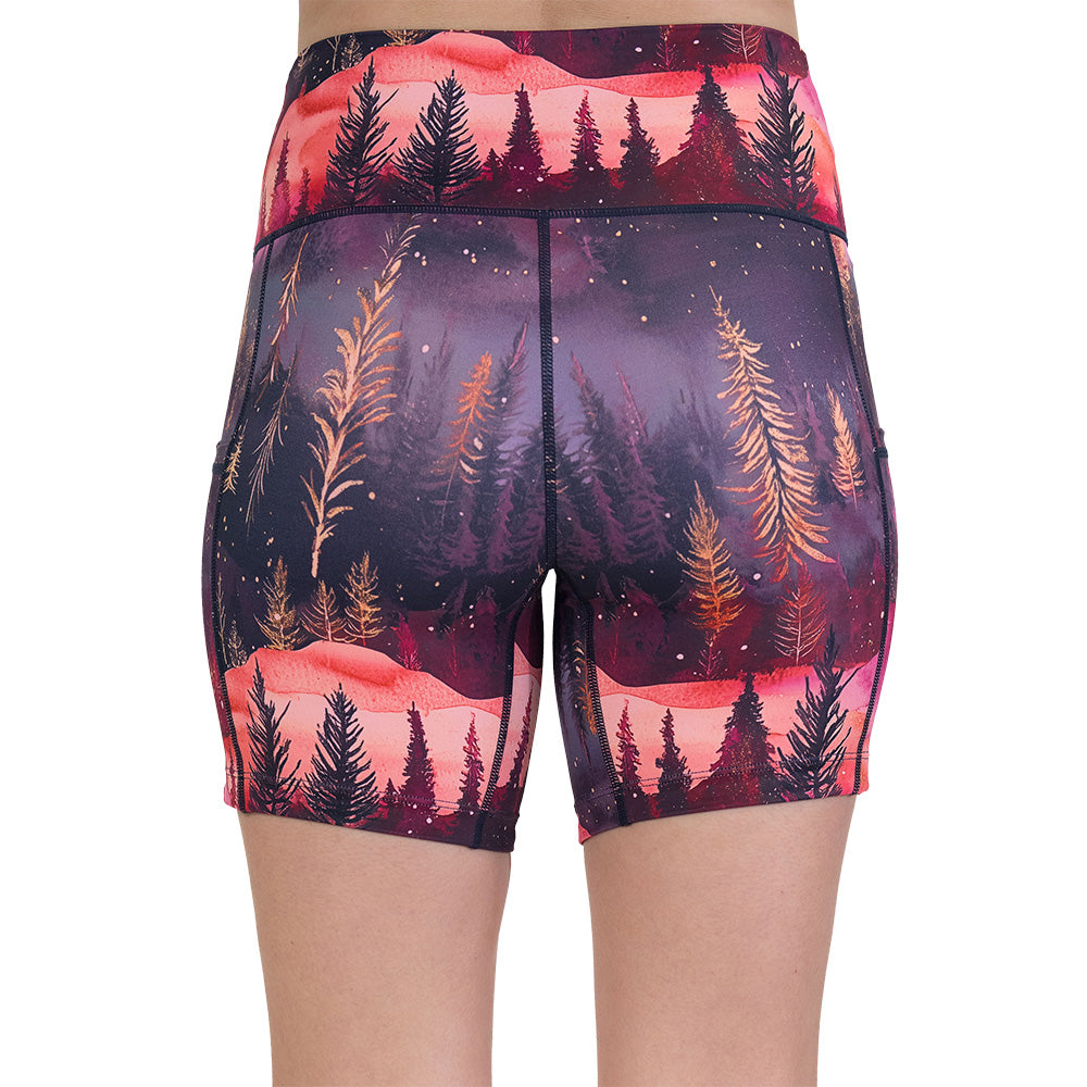 back of the shorts with forest design and red ombre sky