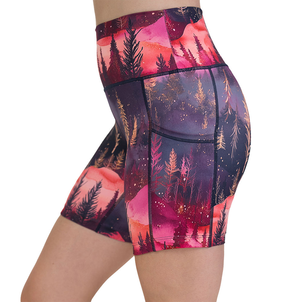 shorts with forest design and red ombre sky