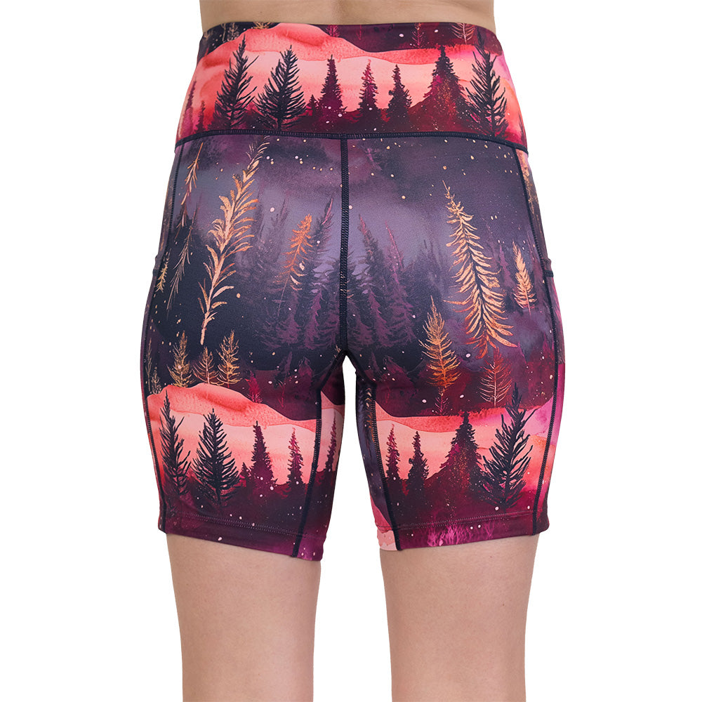 back of the shorts with forest design and red ombre sky