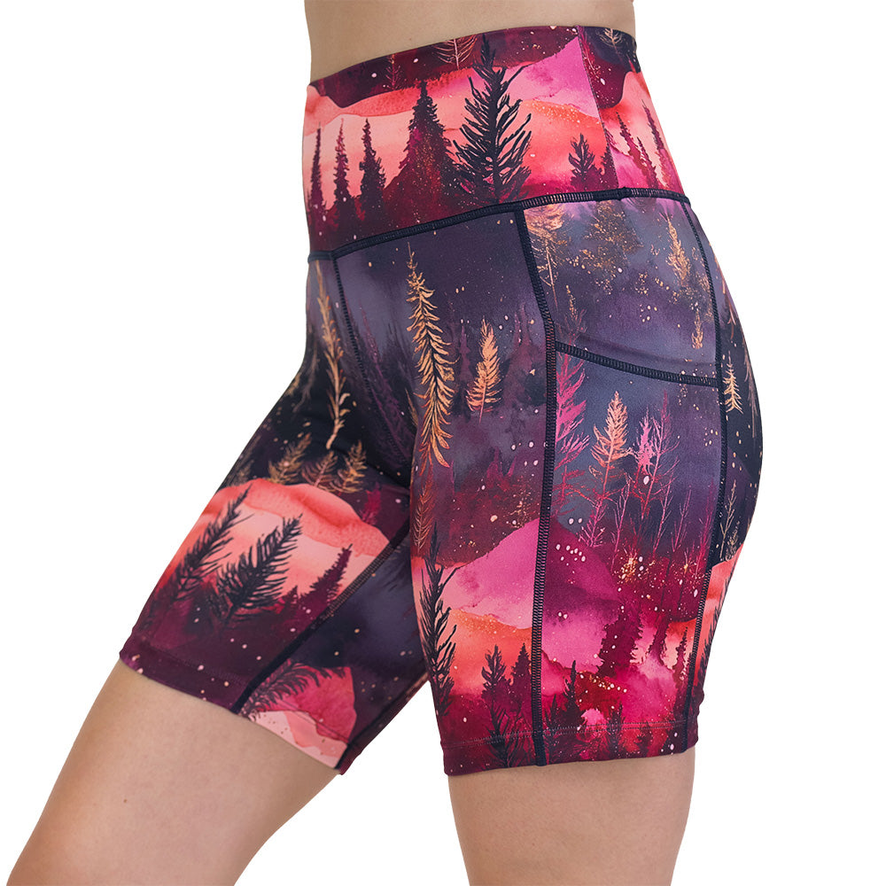 shorts with forest design and red ombre sky