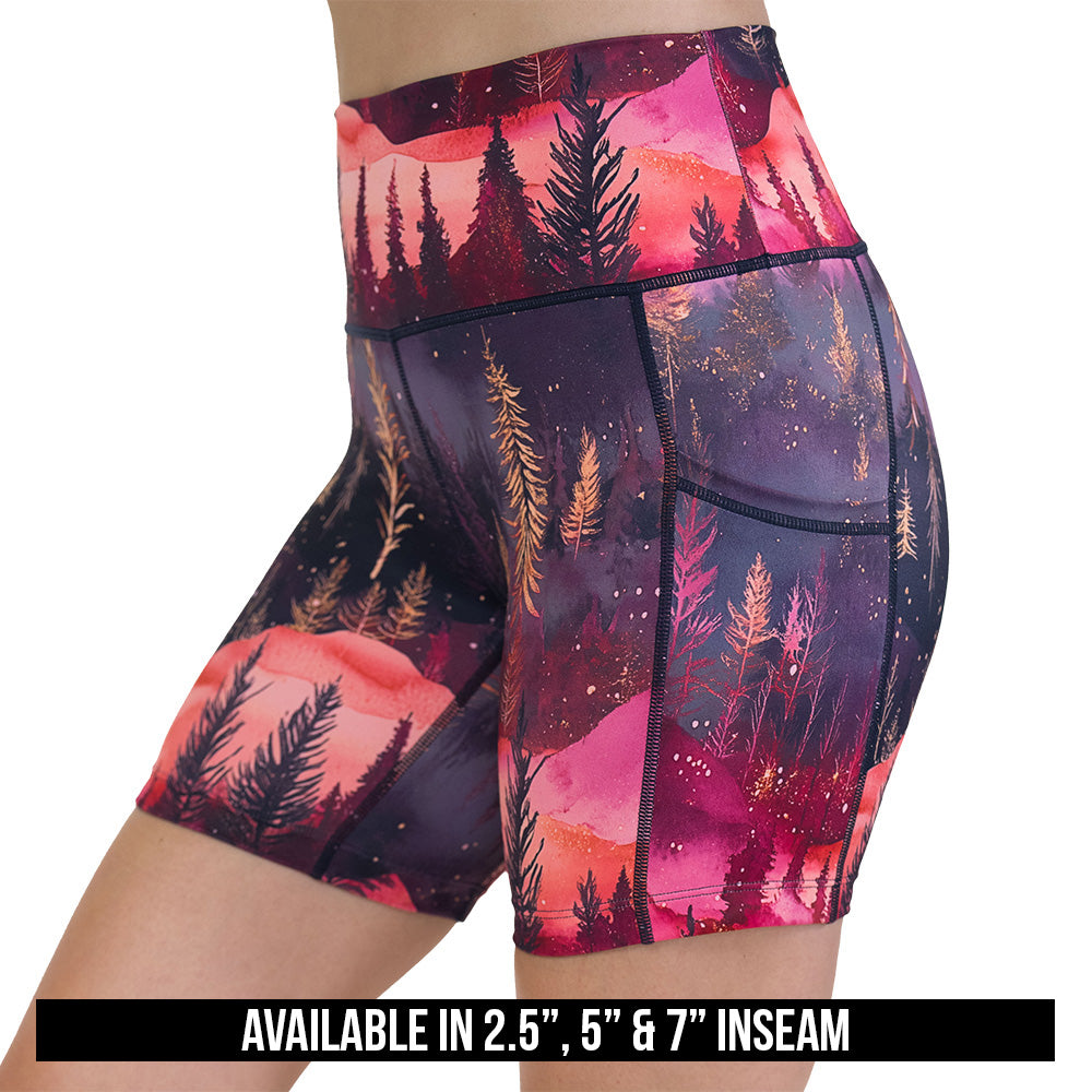 shorts with forest design and red ombre sky available inseams