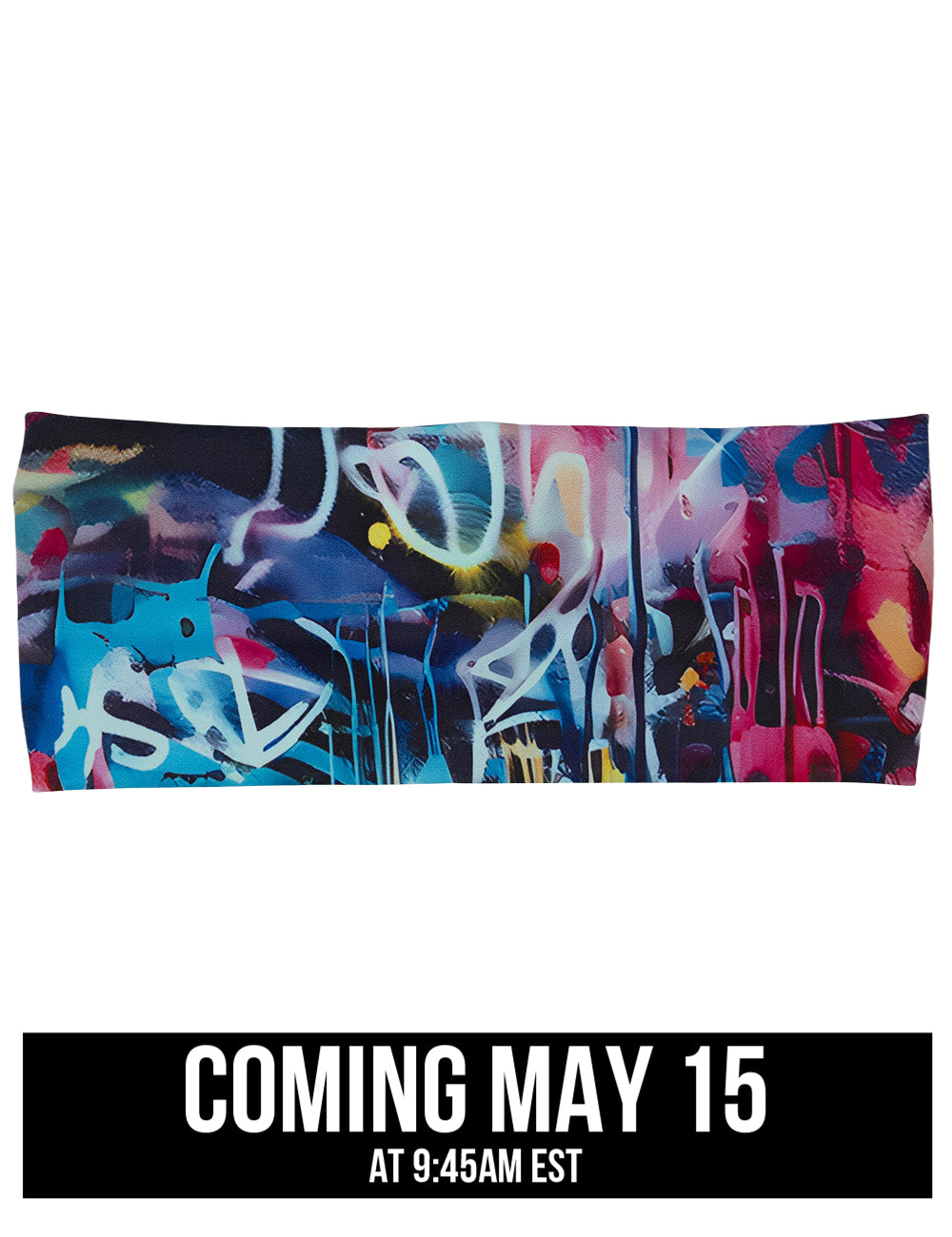 multicolored graffiti pattern headband facing the front against a white background, coming may 15th
