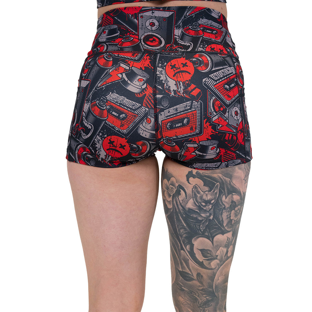 back of the graffiti patterned shorts