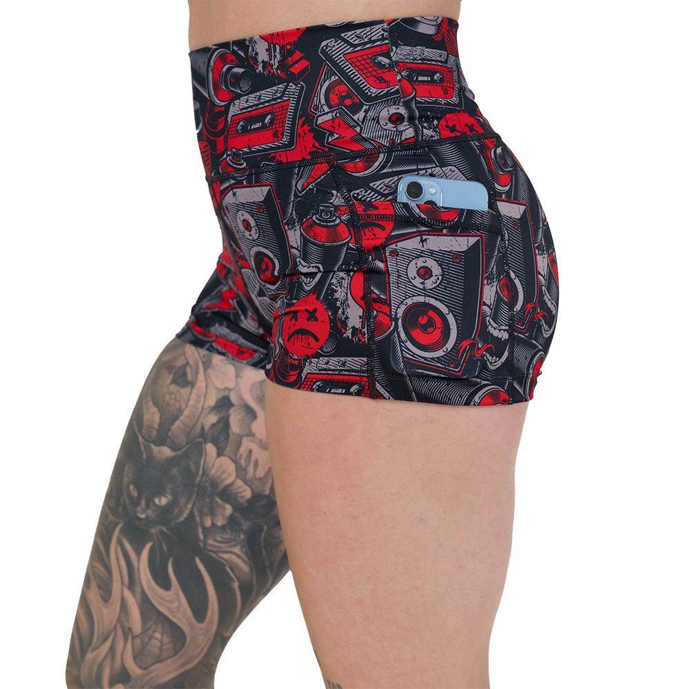 side pocket on the graffiti patterned shorts