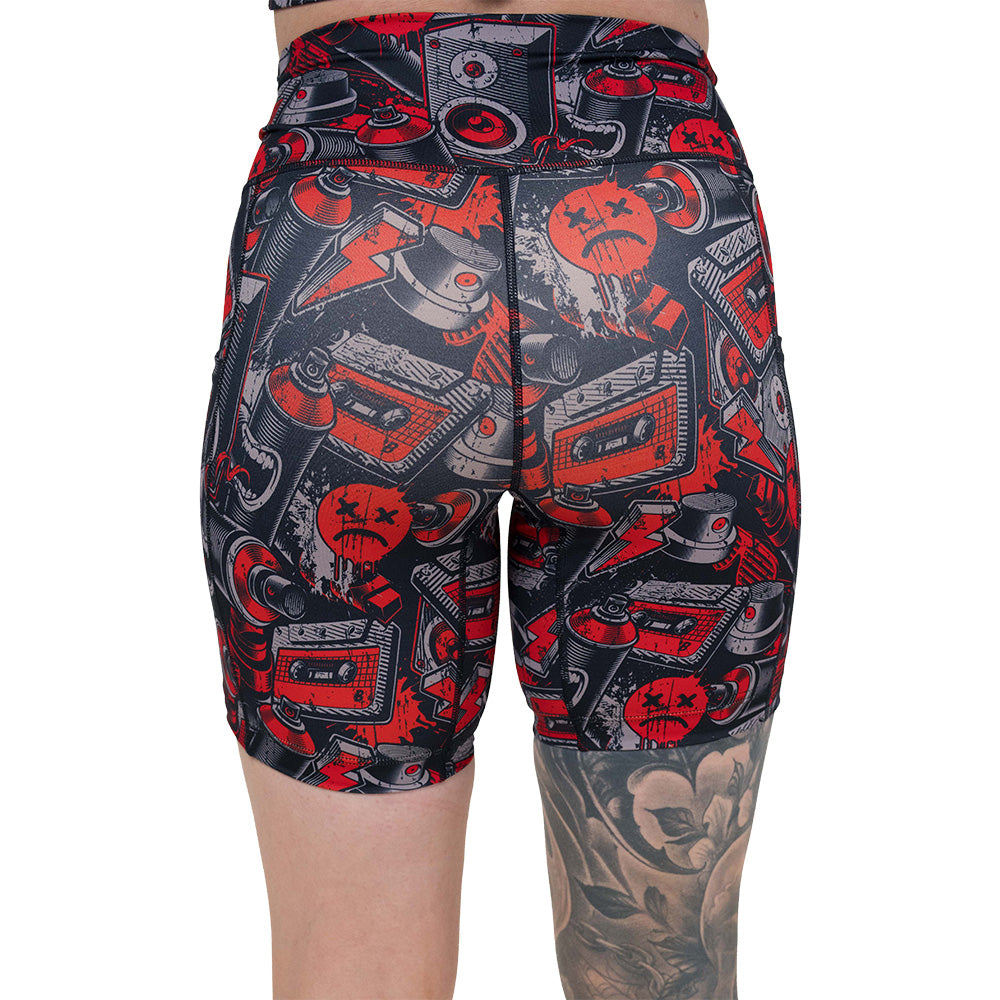 back of the 7 inch graffiti patterned shorts