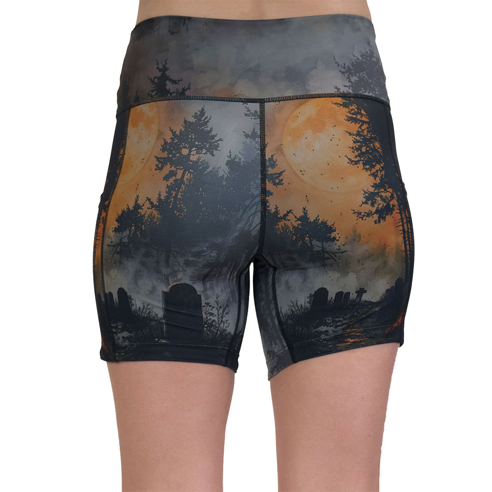 back of the graveyard themed shorts