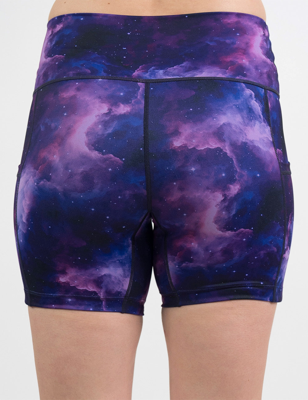 back of the 5 inch purple space patterned shorts against a white background