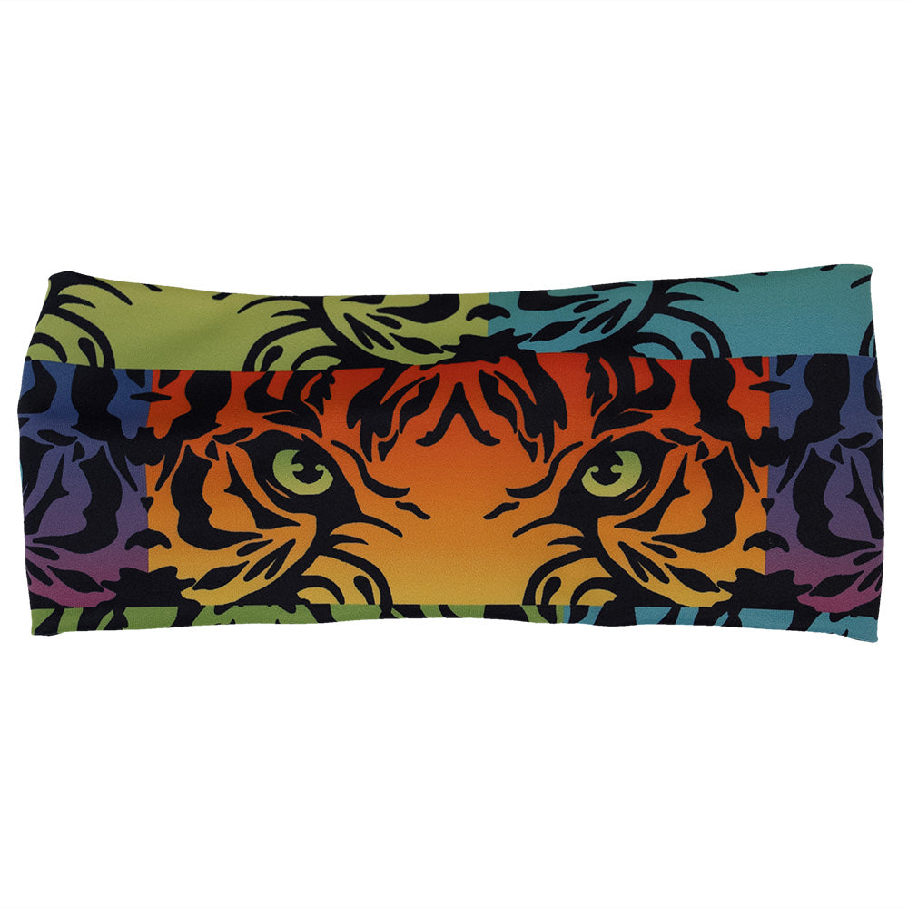 front of the rainbow tiger print headband against a white background