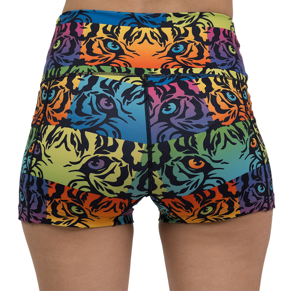 back of 2.5 inch rainbow tiger print shorts against a white background