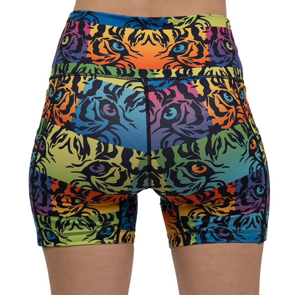 back of 5 inch rainbow tiger print shorts against a white background