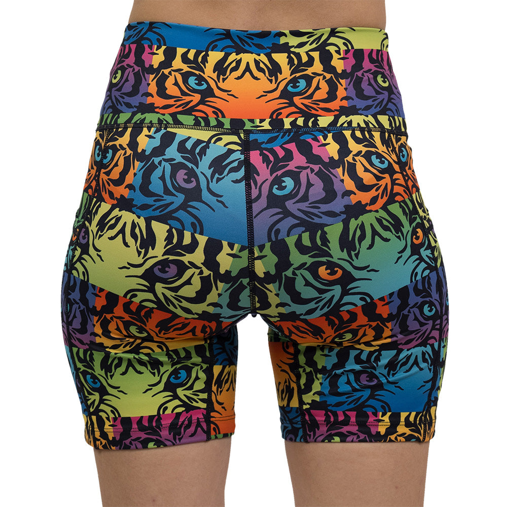 back of the rainbow tiger print 7 inch shorts against a white background