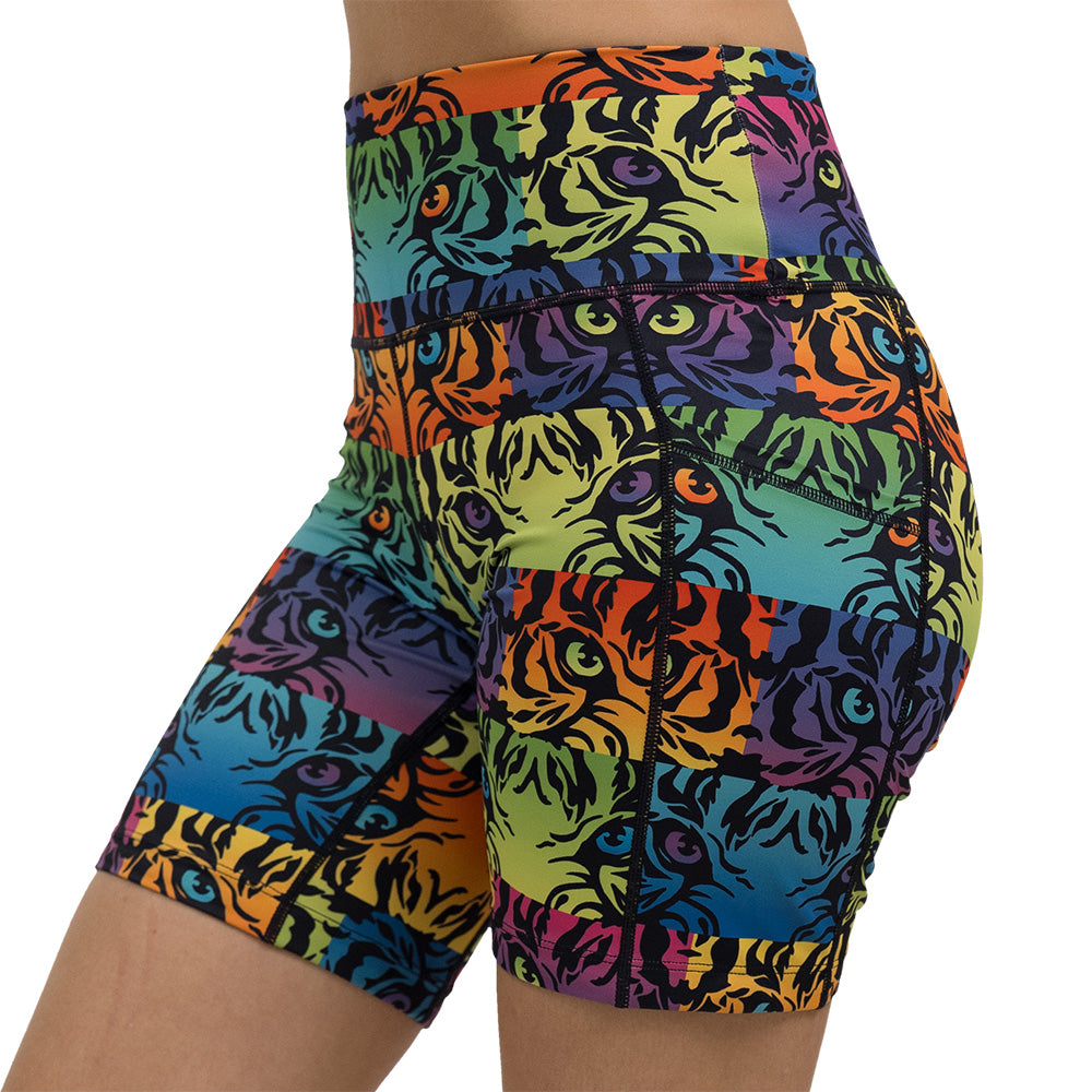 rainbow tiger print 7 inch shorts facing the side against a white background