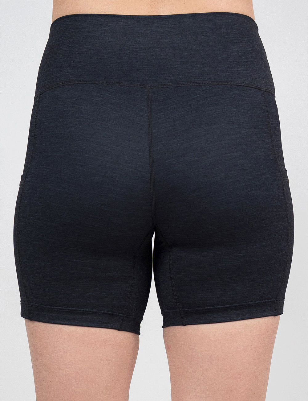 back of the 5 inch black heather pattern shorts against a white background