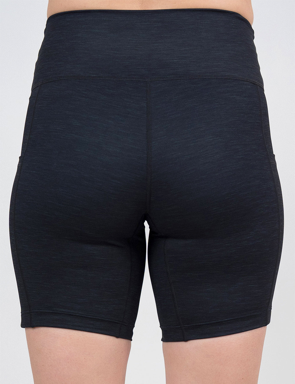 back of the 7 inch black heather pattern shorts against a white background