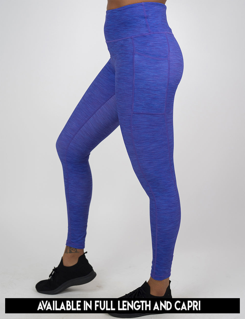 available lengths for the purple heather pattern leggings, lengths include full length and capri