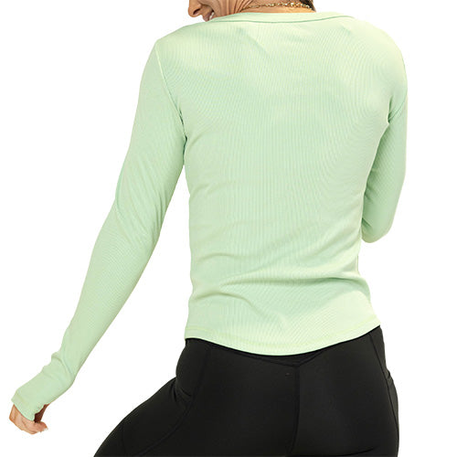 back of the mint green henley long sleeve shirt