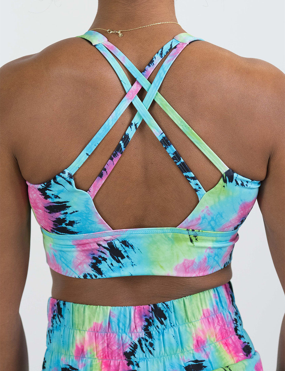 back of the colorful tie dye longline bra