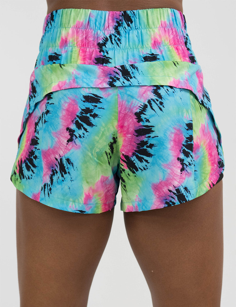 back of the 3.5 inch colorful tie dye day dream shorts against a white background