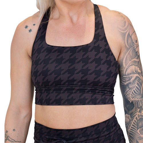 houndstooth patterned sports bra
