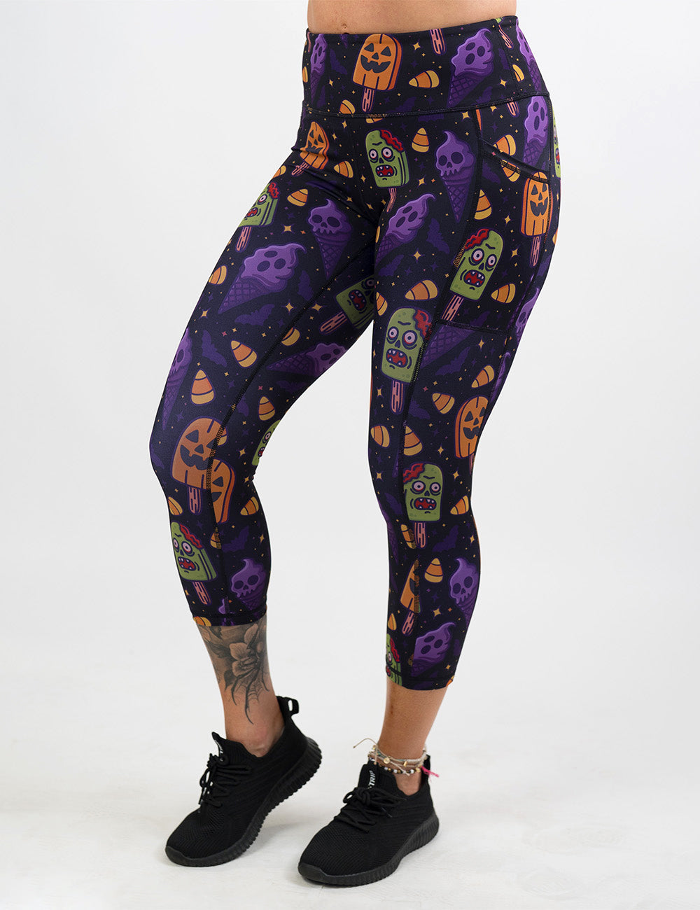 front of the zombie, jack o lantern, and ghost ice cream's capri leggings against a white background