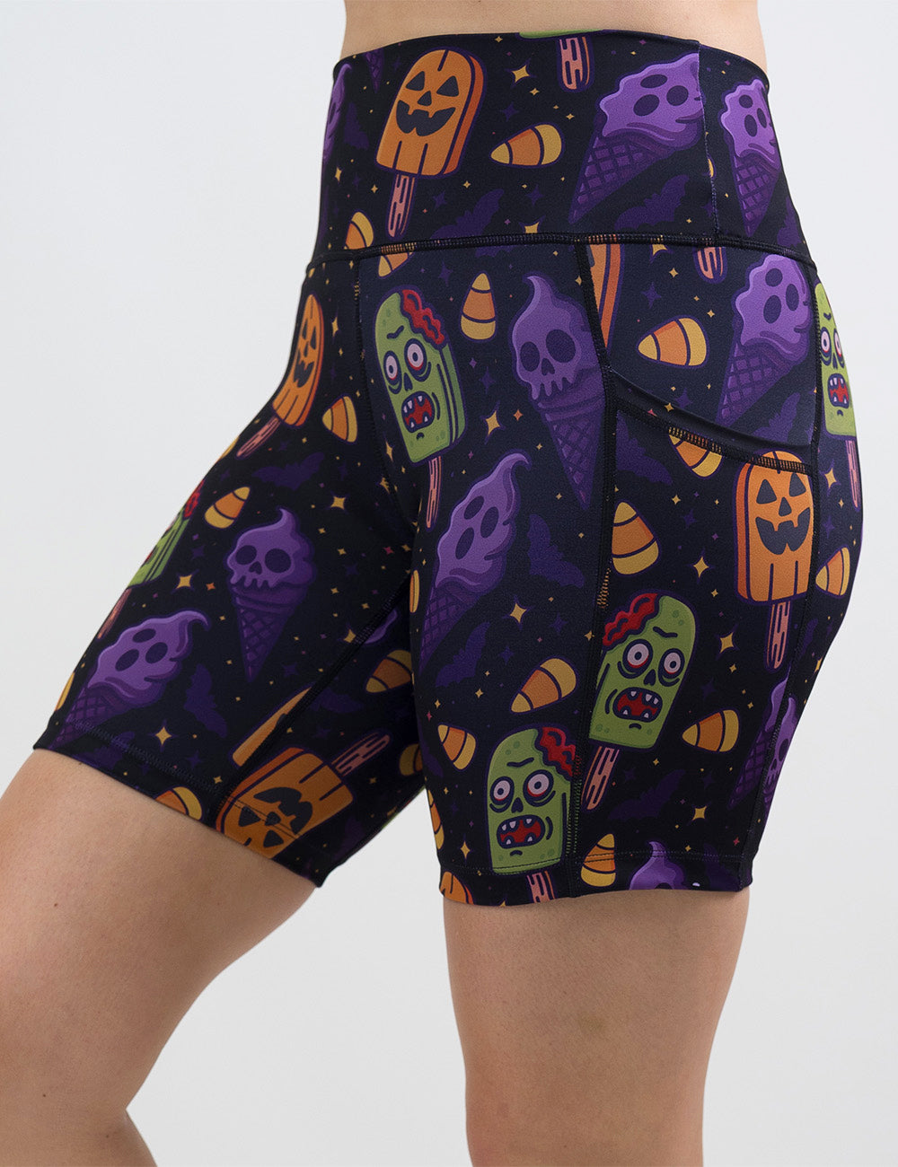 front of the 7 inch zombie, jack o lantern, and ghost ice cream's shorts against a white background