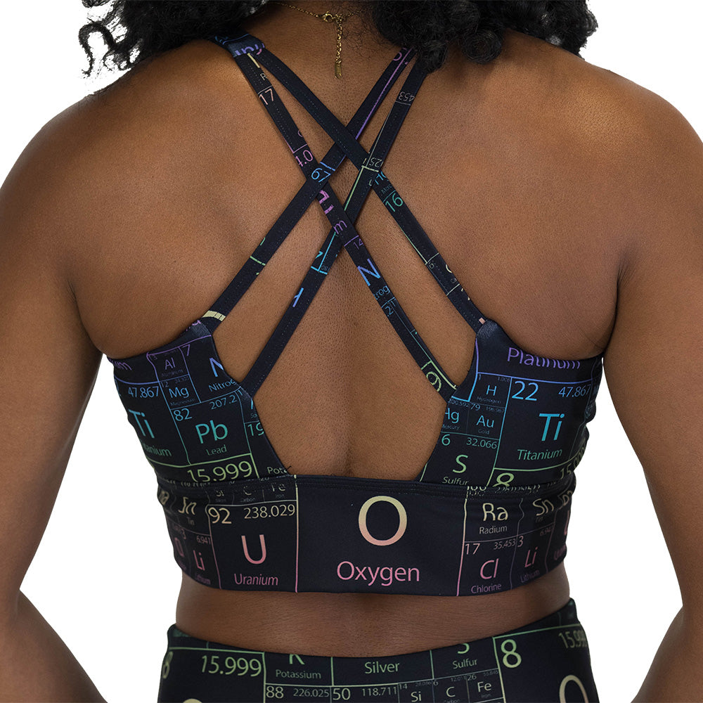 back of the black sports bra with periodic table design