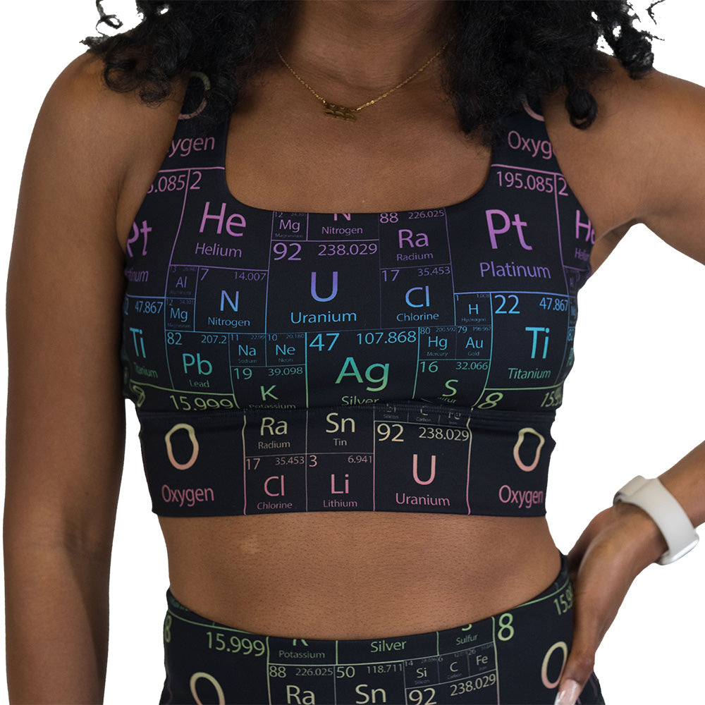 black sports bra with periodic table design