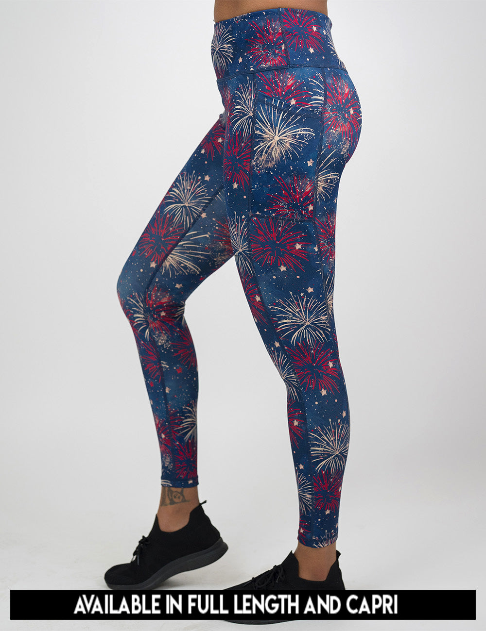 available lengths for the blue leggings with a red and white fireworks pattern, lengths include full length and capri