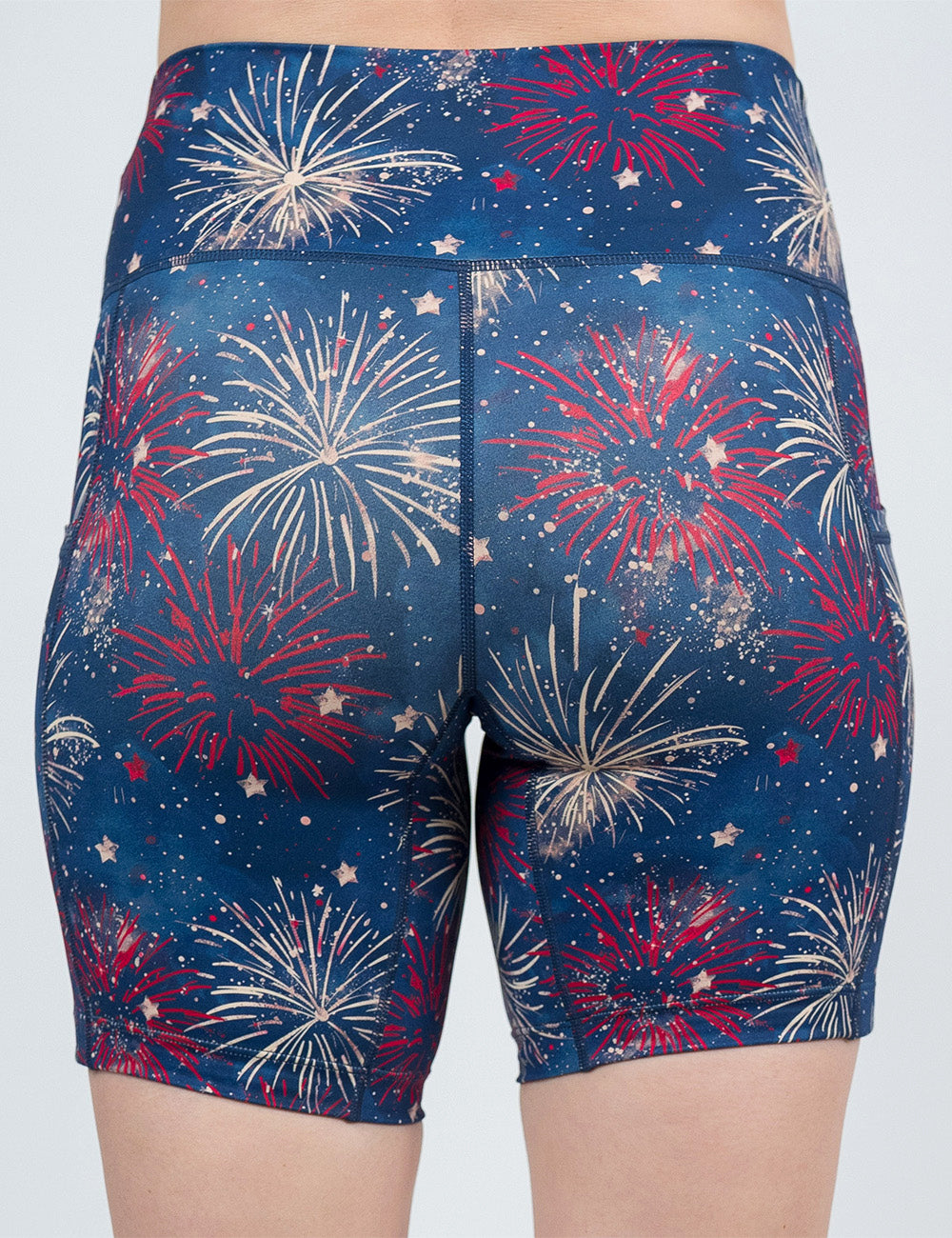 back of the 7 inch patriotic fireworks shorts against a white background