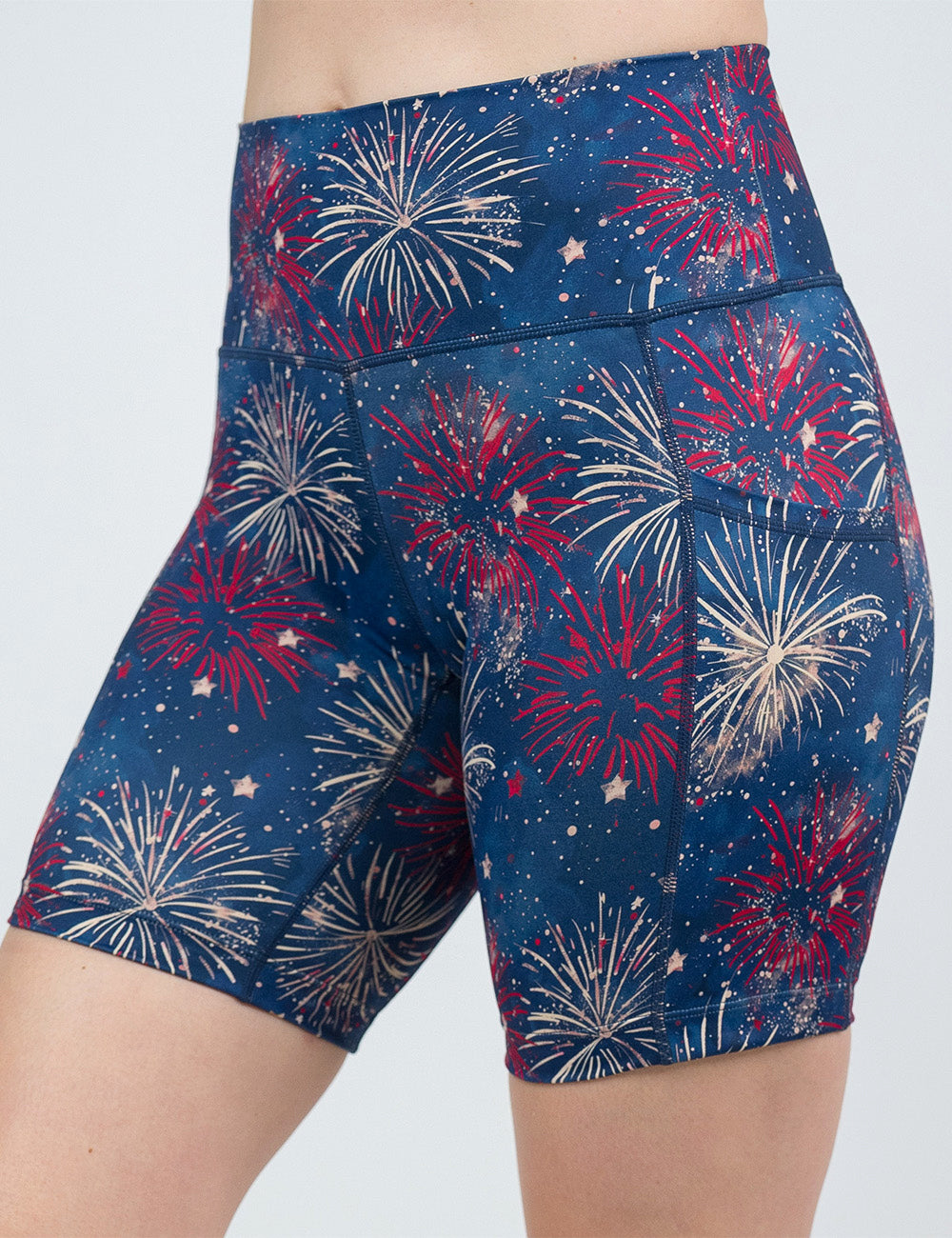 front of the 7 inch patriotic fireworks shorts against a white background