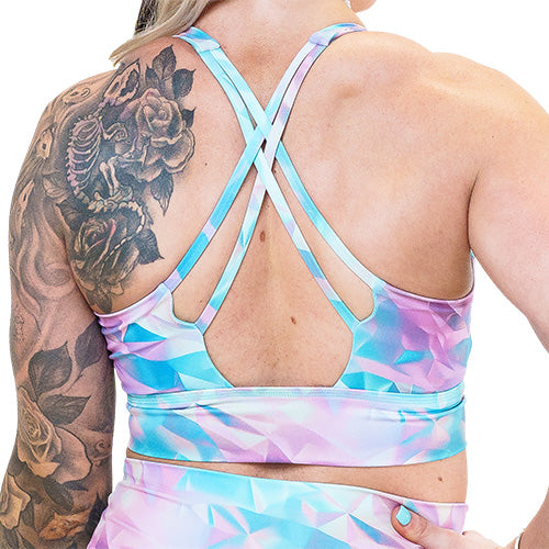 back of iridescent triangle patterned sports bra