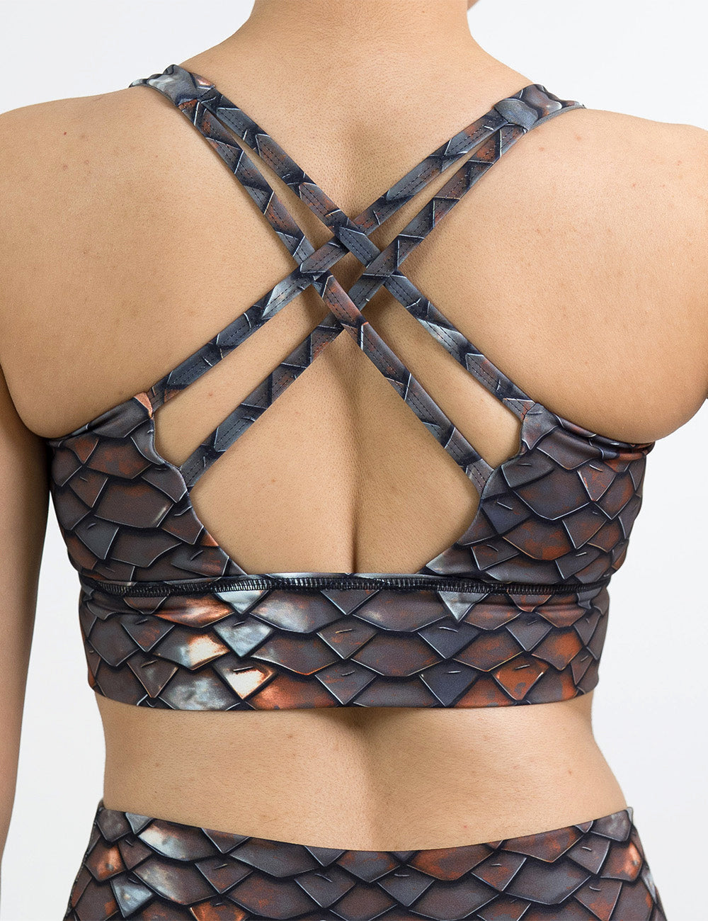 back of the iron scales longline bra against a white background