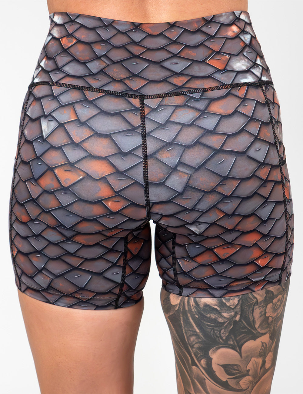 back of the 5 inch iron scales pattern shorts against a white background