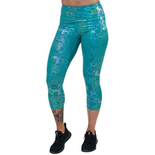 capri length blue iridescent leggings